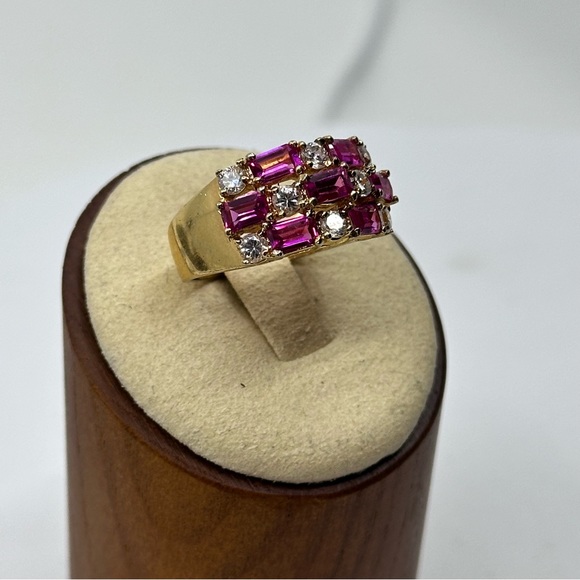 Sz. 8.75 Vintage Cocktail Sterling Silver & Gold Ring with Pink Rubies& Diamond - Picture 12 of 14